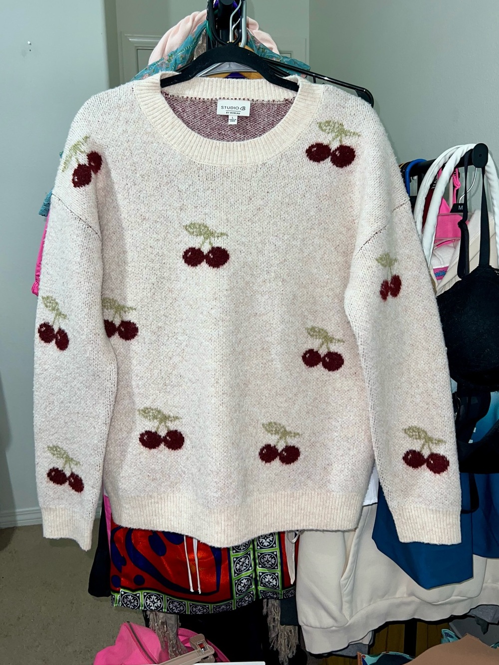 Studio B By BOBEAU  Cream Crewneck Sweater with Cherry Pattern